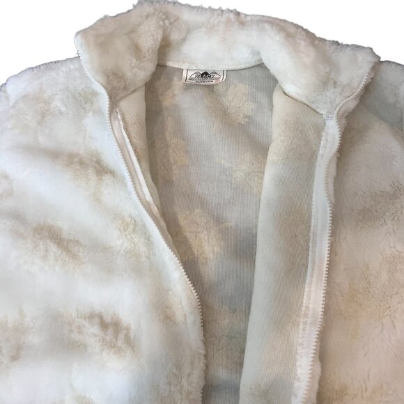 Fuzzy Sherpa Jacket Cream & Beige Leaf Pattern Cozy Full Zip Warm Coat - Picture 5 of 12